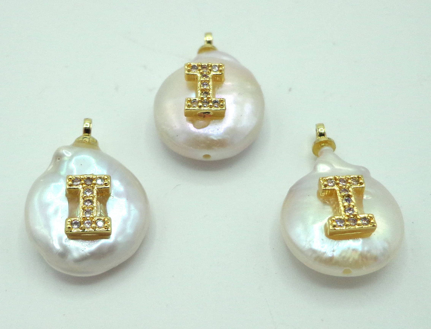 NATURAL Fresh Water Pearl Pendant with Letter Pave, Round Pendant 14x15mm, Great for making JEWELRY! Not treated in anyway! AAA quality!