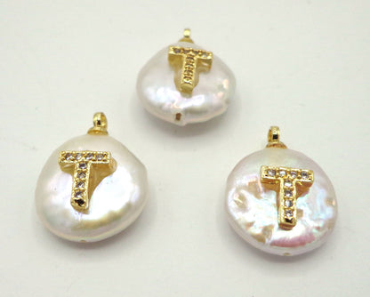NATURAL Fresh Water Pearl Pendant with Letter Pave, Round Pendant 14x15mm, Great for making JEWELRY! Not treated in anyway! AAA quality!
