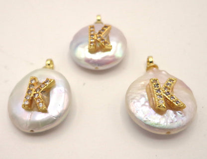 NATURAL Fresh Water Pearl Pendant with Letter Pave, Round Pendant 14x15mm, Great for making JEWELRY! Not treated in anyway! AAA quality!