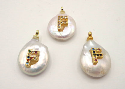 NATURAL Fresh Water Pearl Pendant with Letter Pave, Round Pendant 14x15mm, Great for making JEWELRY! Not treated in anyway! AAA quality!
