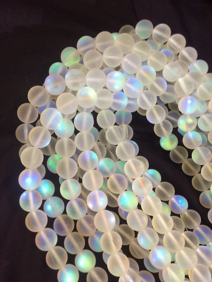 Frosted Aura Quartz beads, Natural gemstone beads, 12mm White Matte synthetic glass moonstone beads, Full strand 16” high quality