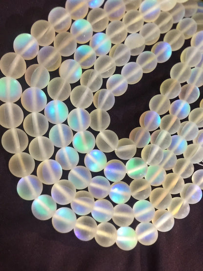 Frosted Aura Quartz beads, Natural gemstone beads, 12mm White Matte synthetic glass moonstone beads, Full strand 16” high quality