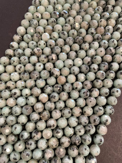 Natural Kiwi Green Jasper. 6mm, 8mm, 10mm Faceted diamond cut. Gorgeous Natural Green Color and Black Dots Jasper Bead. 15.5" strand
