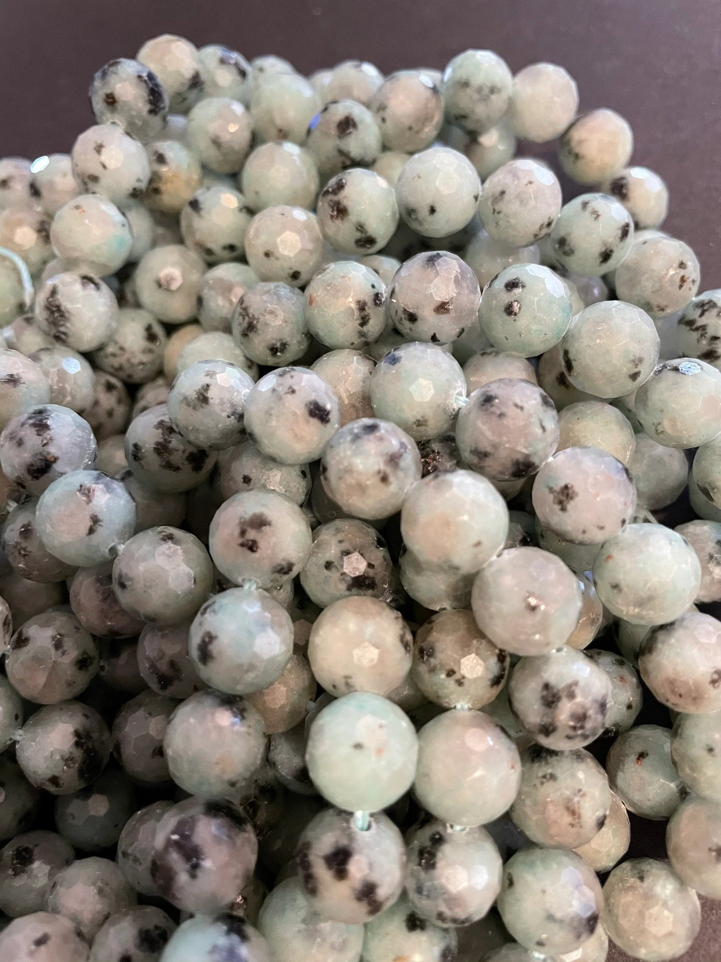 Natural Kiwi Green Jasper. 6mm, 8mm, 10mm Faceted diamond cut. Gorgeous Natural Green Color and Black Dots Jasper Bead. 15.5" strand