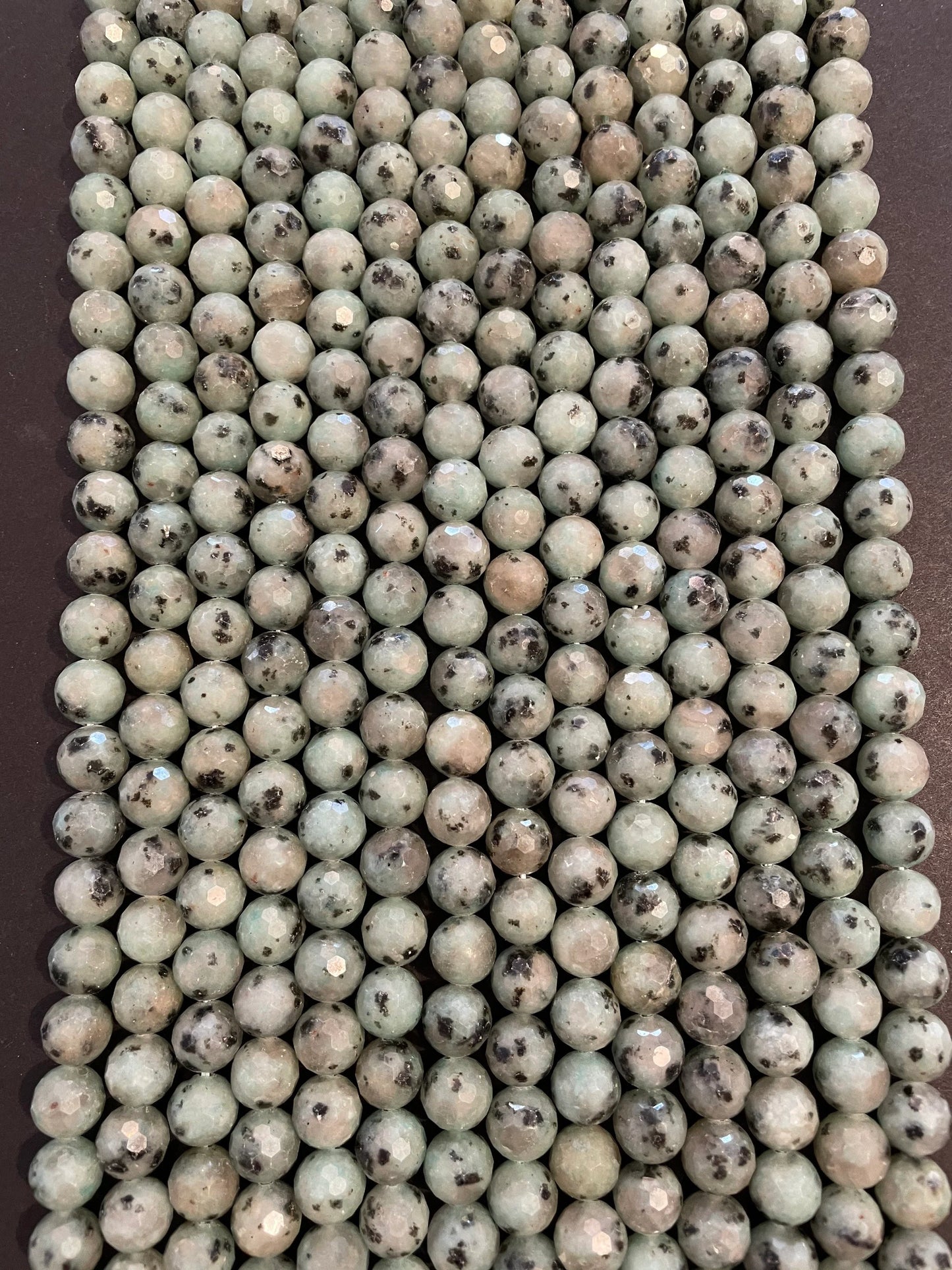 Natural Kiwi Green Jasper. 6mm, 8mm, 10mm Faceted diamond cut. Gorgeous Natural Green Color and Black Dots Jasper Bead. 15.5" strand