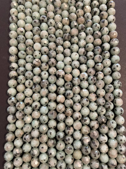 Natural Kiwi Green Jasper. 6mm, 8mm, 10mm Faceted diamond cut. Gorgeous Natural Green Color and Black Dots Jasper Bead. 15.5" strand