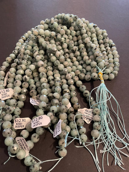 Natural Kiwi Green Jasper. 6mm, 8mm, 10mm Faceted diamond cut. Gorgeous Natural Green Color and Black Dots Jasper Bead. 15.5" strand