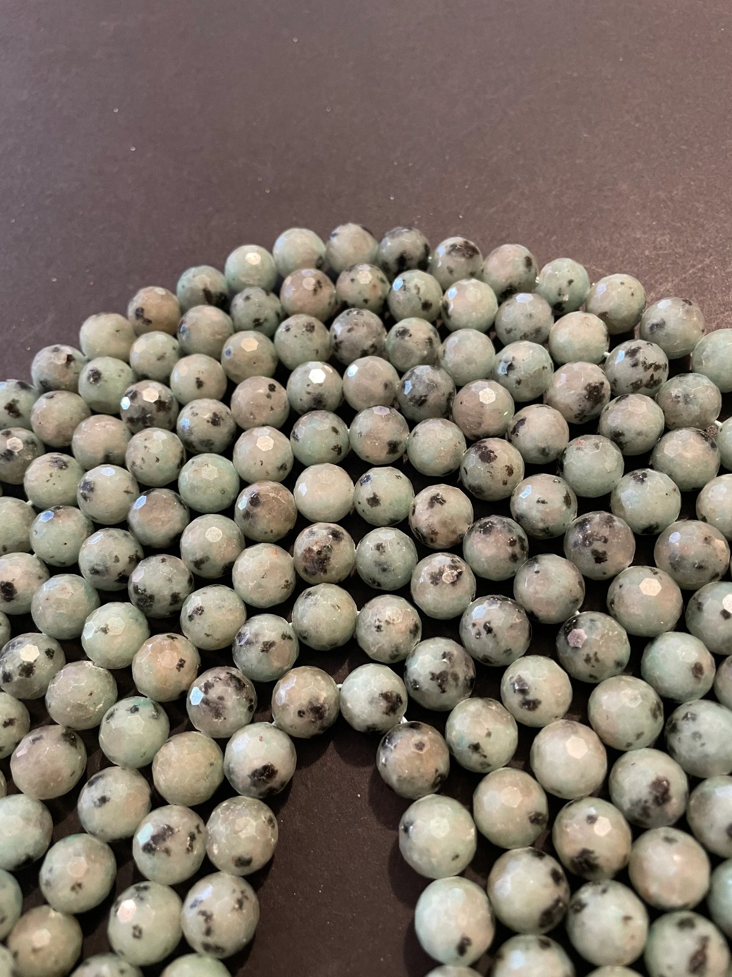 Natural Kiwi Green Jasper. 6mm, 8mm, 10mm Faceted diamond cut. Gorgeous Natural Green Color and Black Dots Jasper Bead. 15.5" strand