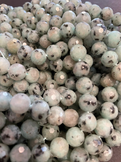 Natural Kiwi Green Jasper. 6mm, 8mm, 10mm Faceted diamond cut. Gorgeous Natural Green Color and Black Dots Jasper Bead. 15.5" strand