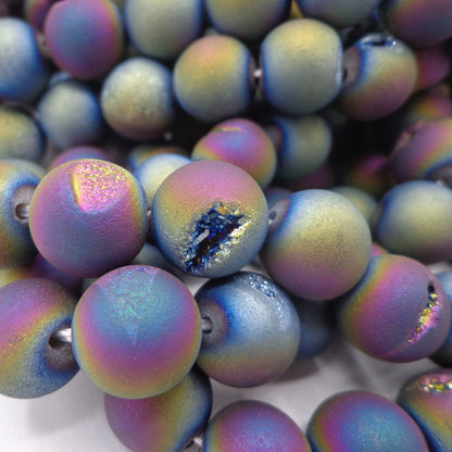 NATURAL Gemstone Druzy Agate Beads, Galaxy Smooth Round, Matte Finish, 12mm 10mm 6mm 8mm Full Strand 15.5" Great for Jewelry Making!!!