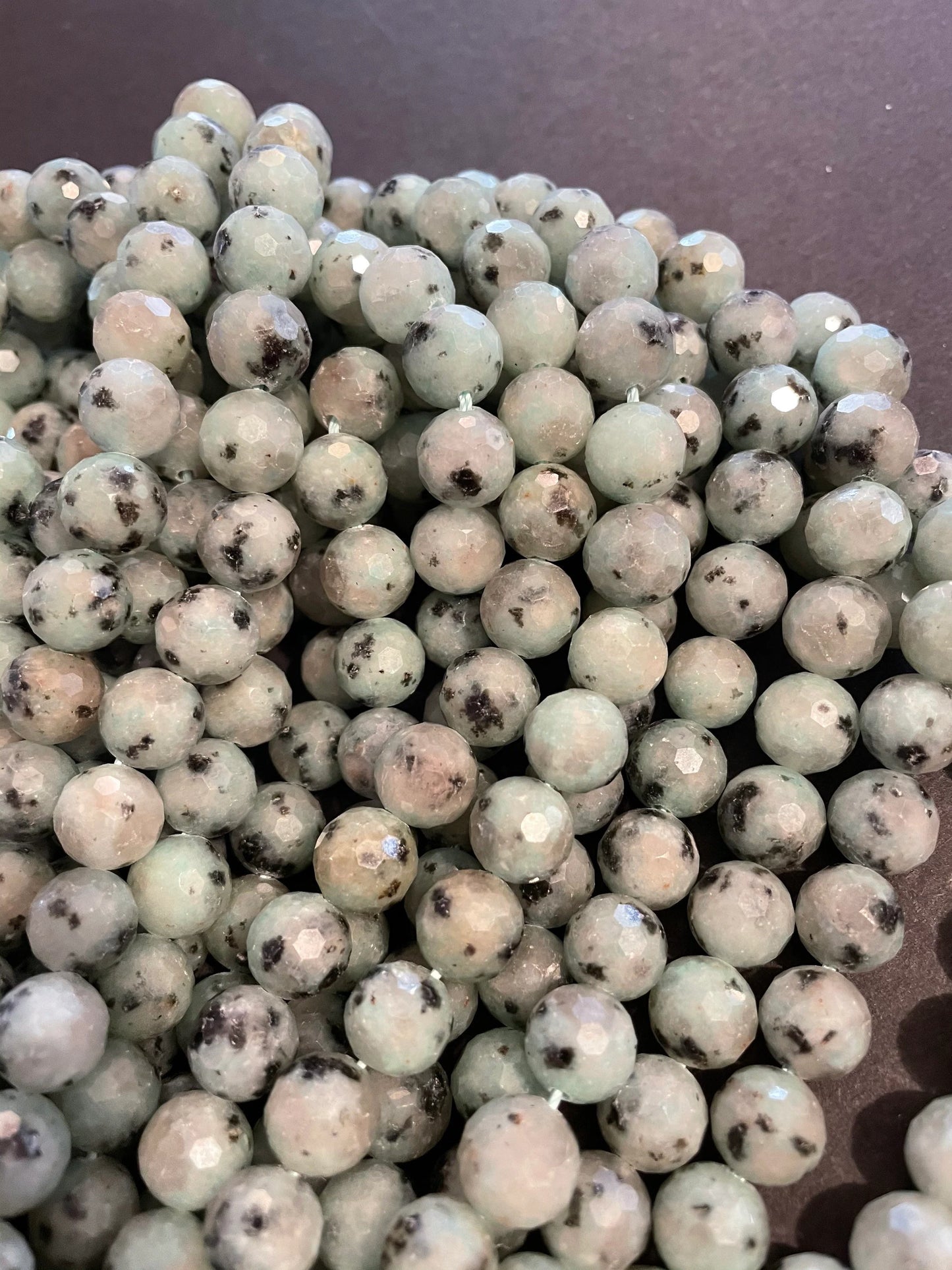 Natural Kiwi Green Jasper. 6mm, 8mm, 10mm Faceted diamond cut. Gorgeous Natural Green Color and Black Dots Jasper Bead. 15.5" strand