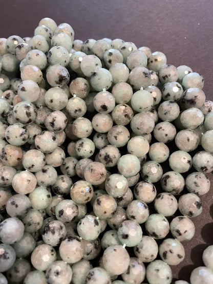 Natural Kiwi Green Jasper. 6mm, 8mm, 10mm Faceted diamond cut. Gorgeous Natural Green Color and Black Dots Jasper Bead. 15.5" strand