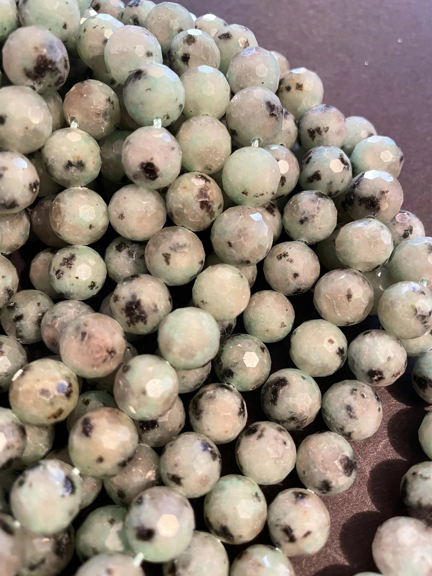 Natural Kiwi Green Jasper. 6mm, 8mm, 10mm Faceted diamond cut. Gorgeous Natural Green Color and Black Dots Jasper Bead. 15.5" strand