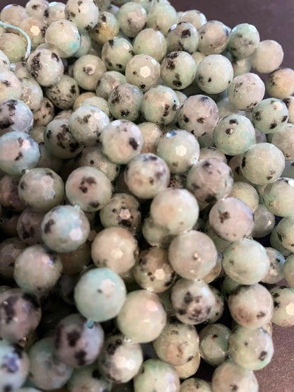 Natural Kiwi Green Jasper. 6mm, 8mm, 10mm Faceted diamond cut. Gorgeous Natural Green Color and Black Dots Jasper Bead. 15.5" strand