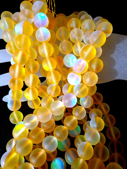 Frosted Aura Quartz Beads, 8mm,10mm,12mm beads, Round Beads, Beautiful Rainbow Matte yellow Beads, Great Quality Beads, Full Strand 15.5 inches