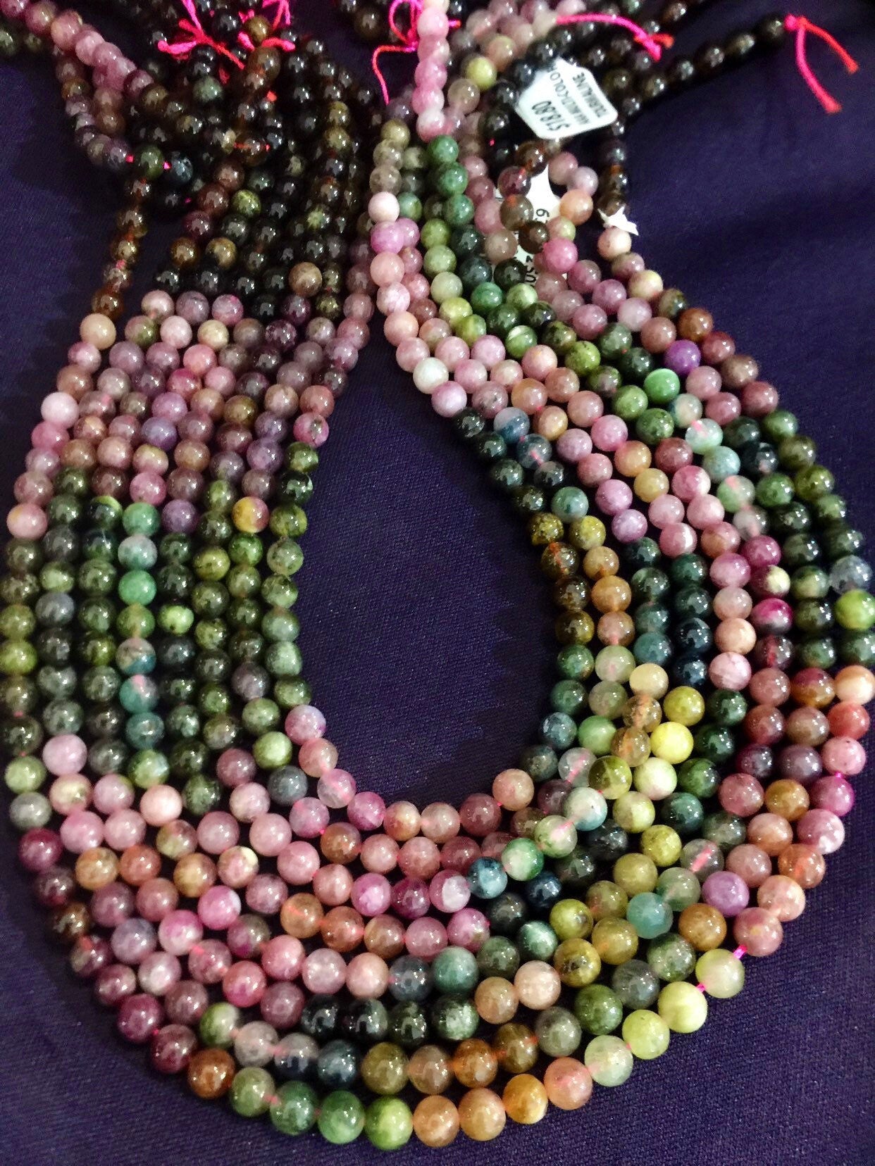 Gemstone beads tourmaline beads. 5mm round beads . Multi color beads. Yellow . Pink green natural gemstone beads . Full strand 15.5” beads