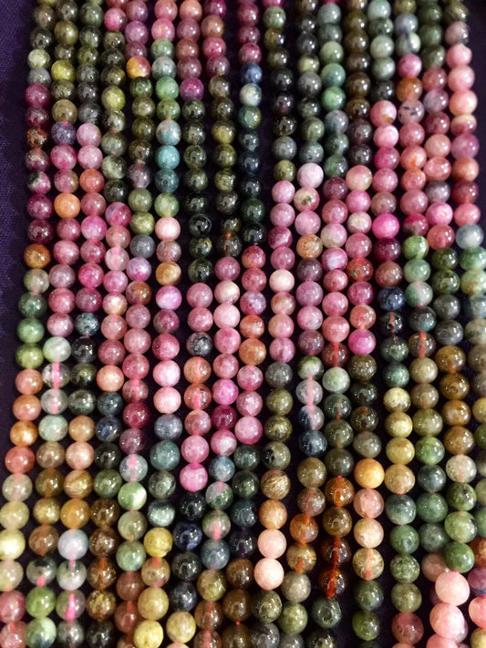 Gemstone beads tourmaline beads. 5mm round beads . Multi color beads. Yellow . Pink green natural gemstone beads . Full strand 15.5” beads