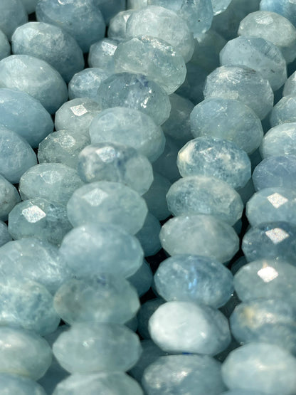AAA Natural Blue Aquamarine Stone Bead. Faceted 4x7m, 5x8mm, 6x9mm, 6x10mm Rondelle Shape. Beautiful Natural Blue Color. Real Nice Quality!