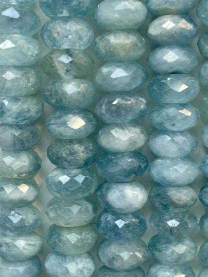 AAA Natural Blue Aquamarine Stone Bead. Faceted 4x7m, 5x8mm, 6x9mm, 6x10mm Rondelle Shape. Beautiful Natural Blue Color. Real Nice Quality!