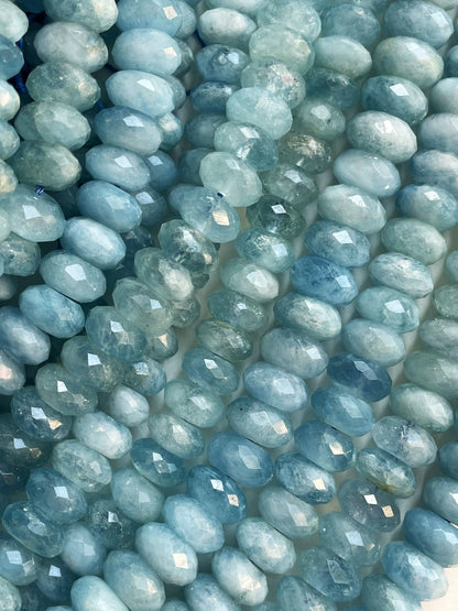 AAA Natural Blue Aquamarine Stone Bead. Faceted 4x7m, 5x8mm, 6x9mm, 6x10mm Rondelle Shape. Beautiful Natural Blue Color. Real Nice Quality!