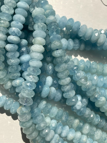 AAA Natural Blue Aquamarine Stone Bead. Faceted 4x7m, 5x8mm, 6x9mm, 6x10mm Rondelle Shape. Beautiful Natural Blue Color. Real Nice Quality!