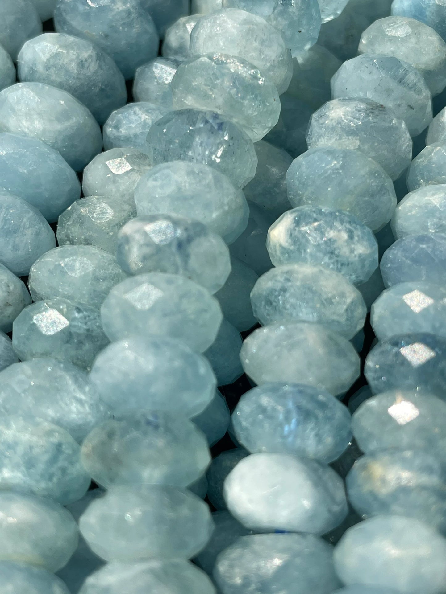 AAA Natural Blue Aquamarine Stone Bead. Faceted 4x7m, 5x8mm, 6x9mm, 6x10mm Rondelle Shape. Beautiful Natural Blue Color. Real Nice Quality!