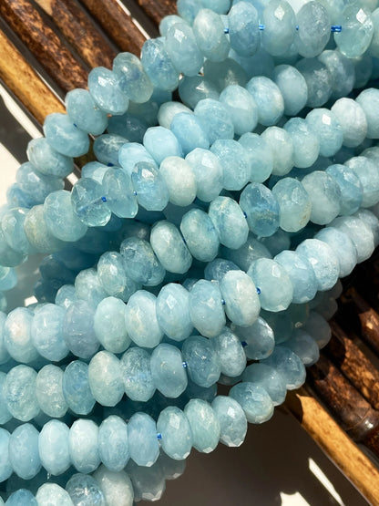 AAA Natural Blue Aquamarine Stone Bead. Faceted 4x7m, 5x8mm, 6x9mm, 6x10mm Rondelle Shape. Beautiful Natural Blue Color. Real Nice Quality!