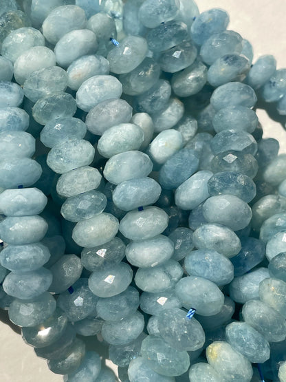 AAA Natural Blue Aquamarine Stone Bead. Faceted 4x7m, 5x8mm, 6x9mm, 6x10mm Rondelle Shape. Beautiful Natural Blue Color. Real Nice Quality!