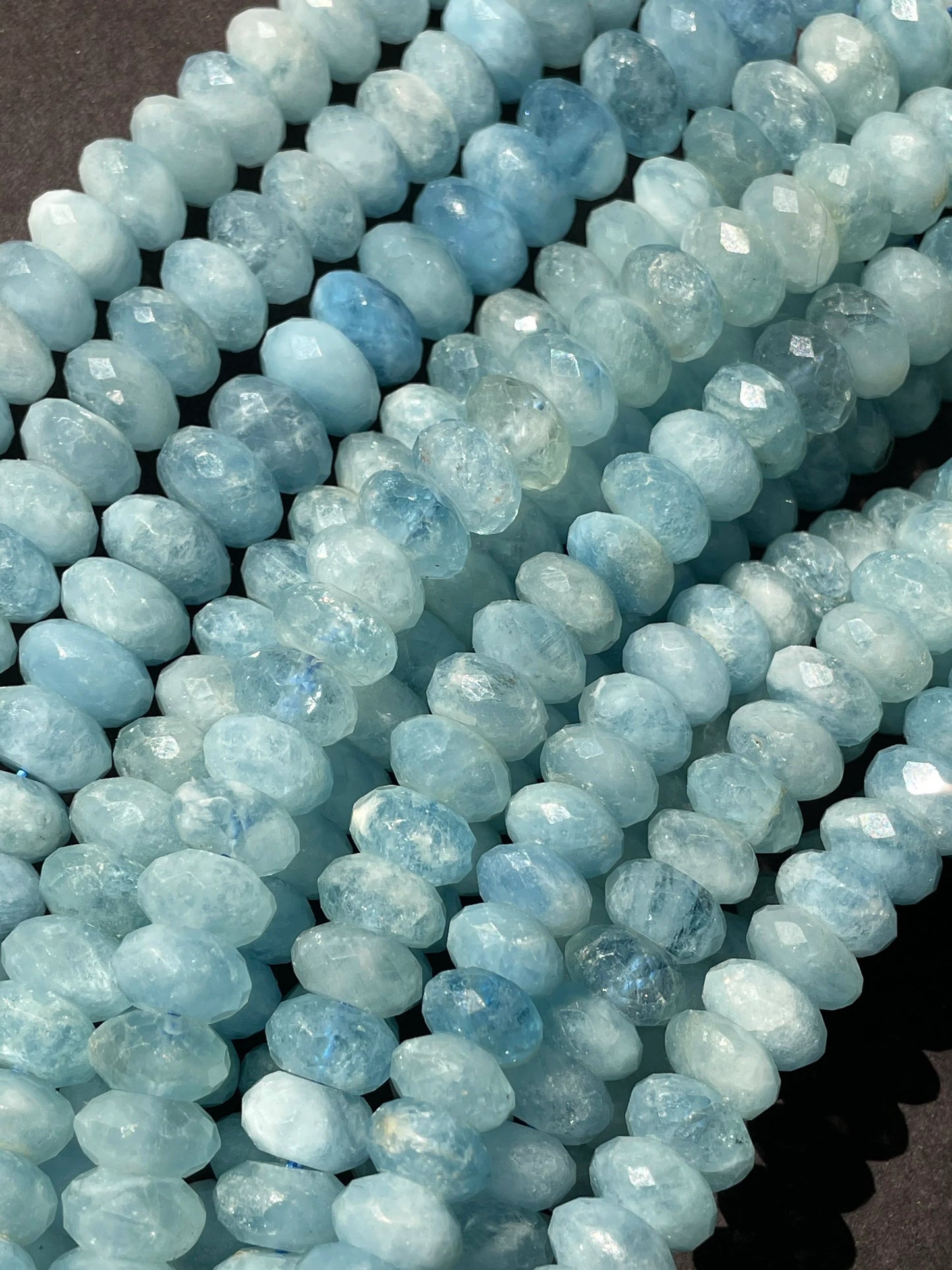 AAA Natural Blue Aquamarine Stone Bead. Faceted 4x7m, 5x8mm, 6x9mm, 6x10mm Rondelle Shape. Beautiful Natural Blue Color. Real Nice Quality!