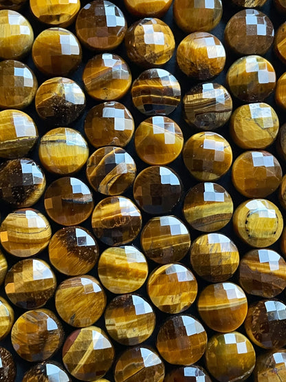 AAA Natural tiger eye stone bead. Faceted 10mm coin shape bead . Beautiful natural gold yellow color tiger eye gemstone bead. 15.5” strand