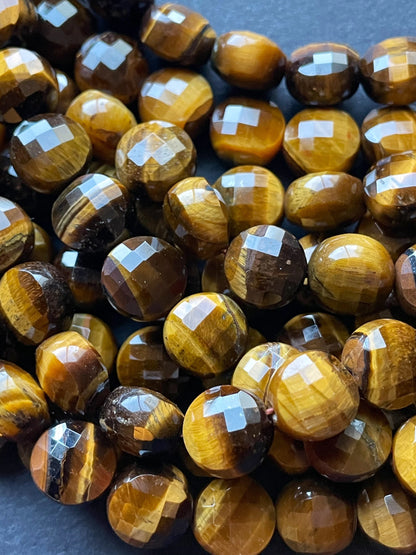 AAA Natural tiger eye stone bead. Faceted 10mm coin shape bead . Beautiful natural gold yellow color tiger eye gemstone bead. 15.5” strand