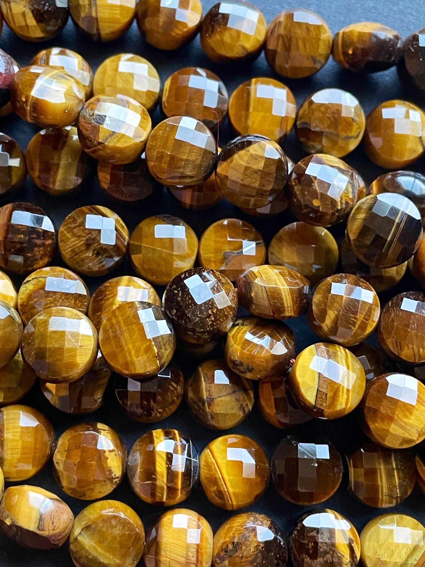 AAA Natural tiger eye stone bead. Faceted 10mm coin shape bead . Beautiful natural gold yellow color tiger eye gemstone bead. 15.5” strand