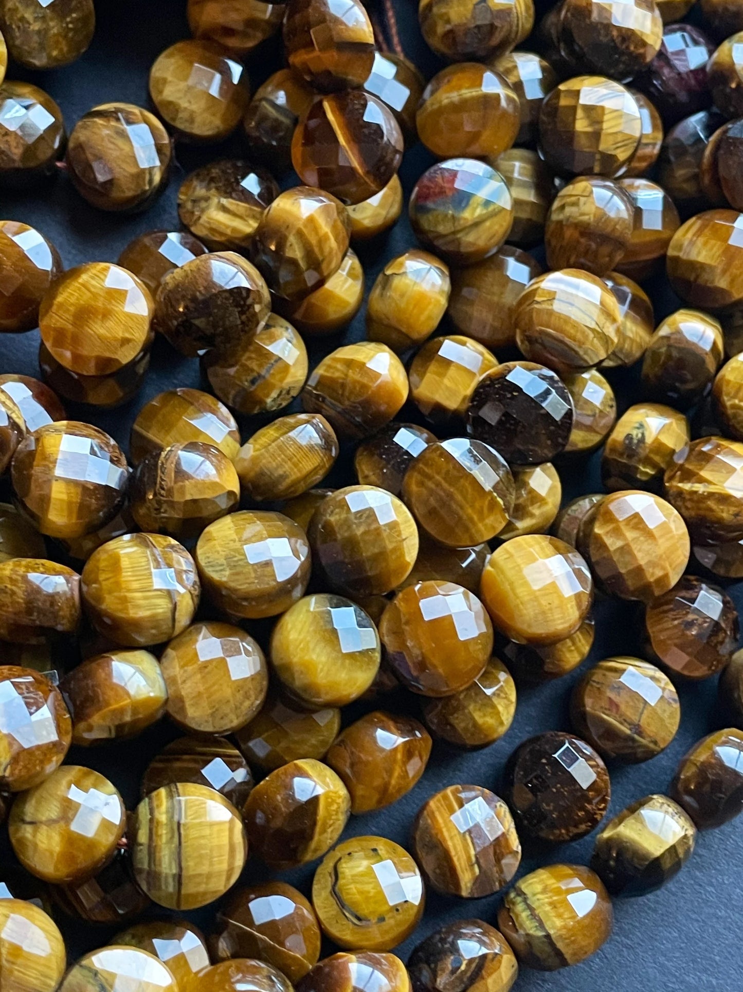 AAA Natural tiger eye stone bead. Faceted 10mm coin shape bead . Beautiful natural gold yellow color tiger eye gemstone bead. 15.5” strand