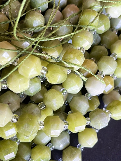 Natural Green Jade Stone Bead . Faceted 8mm 10mm Diamond Cut Shape Bead. Gorgeous Natural Olive Green Jade Gemstone Bead. Full Strand 15.5”