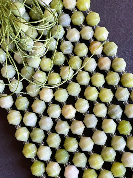 Natural Green Jade Stone Bead . Faceted 8mm 10mm Diamond Cut Shape Bead. Gorgeous Natural Olive Green Jade Gemstone Bead. Full Strand 15.5”