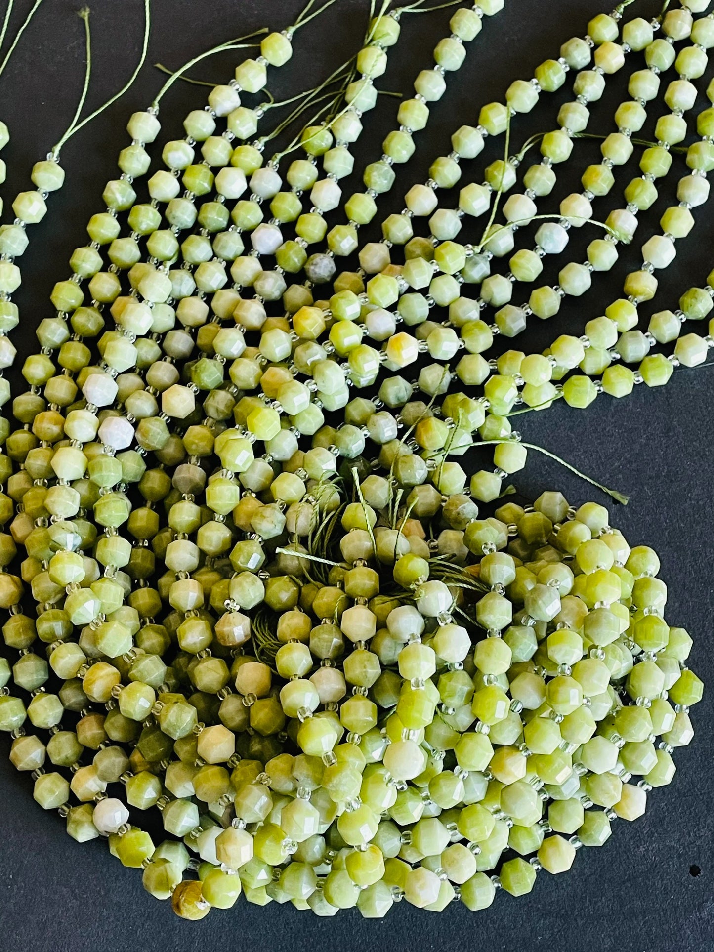 Natural Green Jade Stone Bead . Faceted 8mm 10mm Diamond Cut Shape Bead. Gorgeous Natural Olive Green Jade Gemstone Bead. Full Strand 15.5”