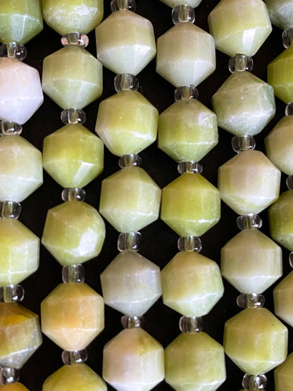 Natural Green Jade Stone Bead . Faceted 8mm 10mm Diamond Cut Shape Bead. Gorgeous Natural Olive Green Jade Gemstone Bead. Full Strand 15.5”