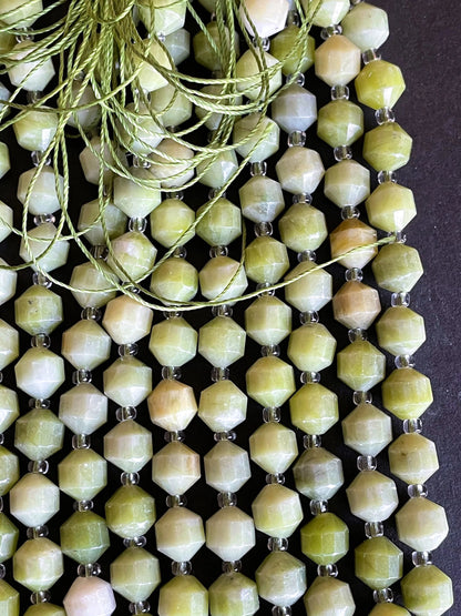 Natural Green Jade Stone Bead . Faceted 8mm 10mm Diamond Cut Shape Bead. Gorgeous Natural Olive Green Jade Gemstone Bead. Full Strand 15.5”