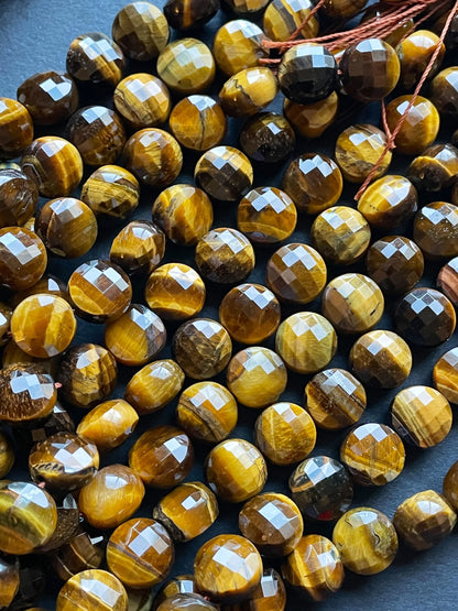 AAA Natural tiger eye stone bead. Faceted 10mm coin shape bead . Beautiful natural gold yellow color tiger eye gemstone bead. 15.5” strand