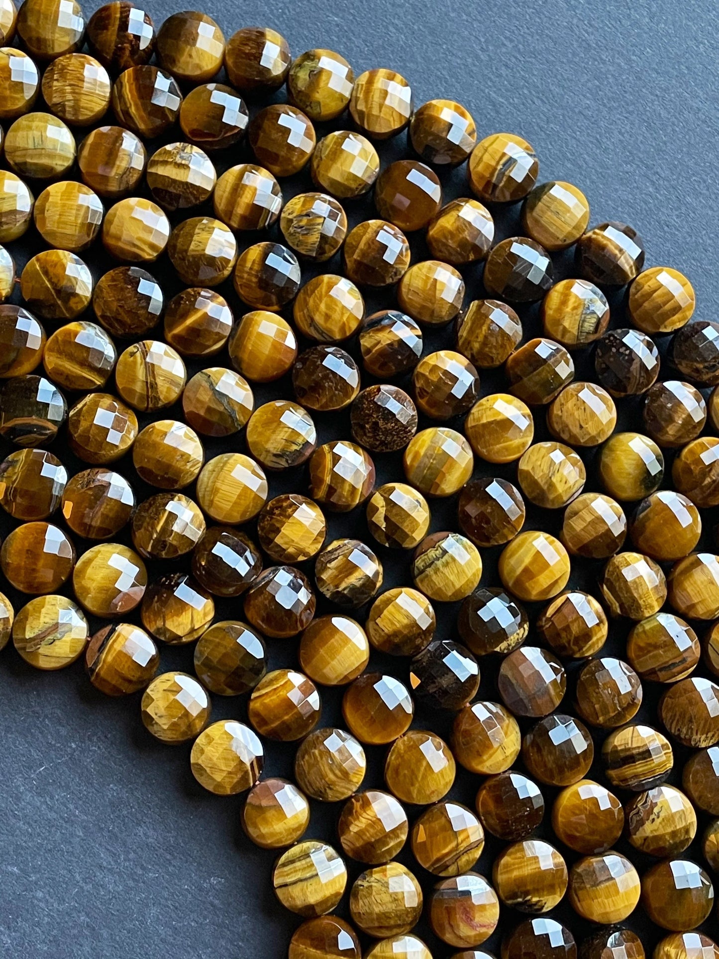 AAA Natural tiger eye stone bead. Faceted 10mm coin shape bead . Beautiful natural gold yellow color tiger eye gemstone bead. 15.5” strand
