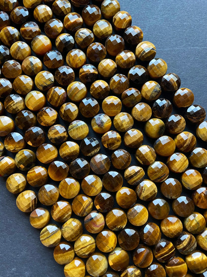 AAA Natural tiger eye stone bead. Faceted 10mm coin shape bead . Beautiful natural gold yellow color tiger eye gemstone bead. 15.5” strand