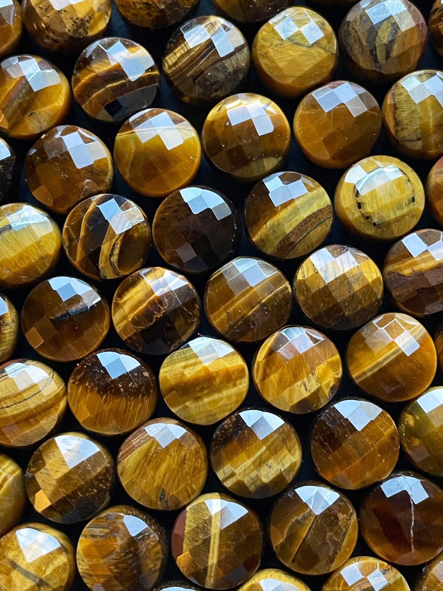 AAA Natural tiger eye stone bead. Faceted 10mm coin shape bead . Beautiful natural gold yellow color tiger eye gemstone bead. 15.5” strand