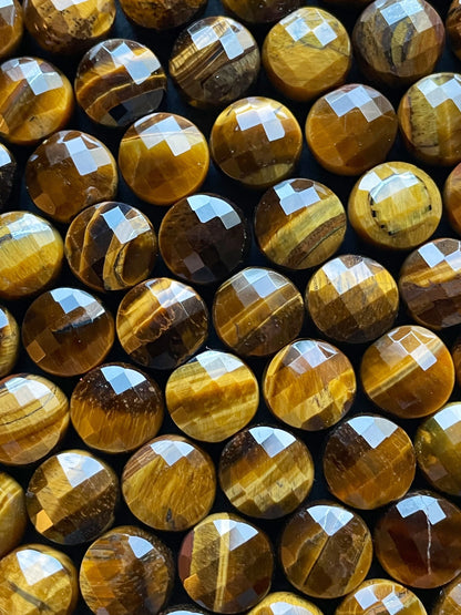 AAA Natural tiger eye stone bead. Faceted 10mm coin shape bead . Beautiful natural gold yellow color tiger eye gemstone bead. 15.5” strand