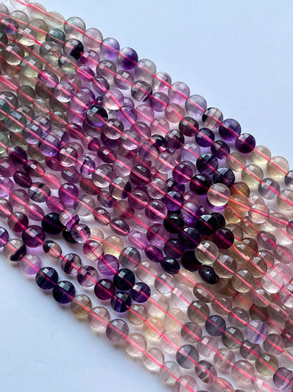 AAA Natural fluorite stone bead. Faceted 10mm coin shape bead. Gorgeous natural purple green color with yellow fluorite gemstone 15.5”/ 7.5"