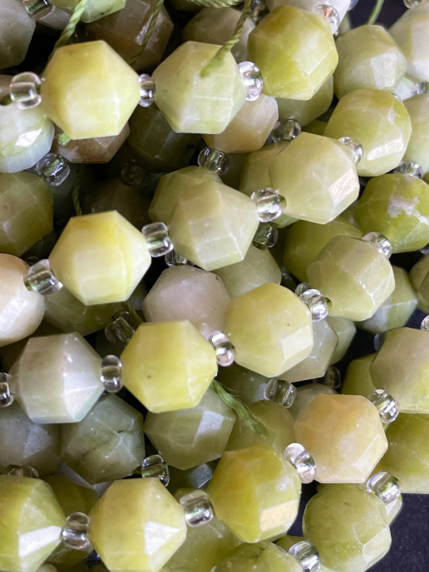 Natural Green Jade Stone Bead . Faceted 8mm 10mm Diamond Cut Shape Bead. Gorgeous Natural Olive Green Jade Gemstone Bead. Full Strand 15.5”