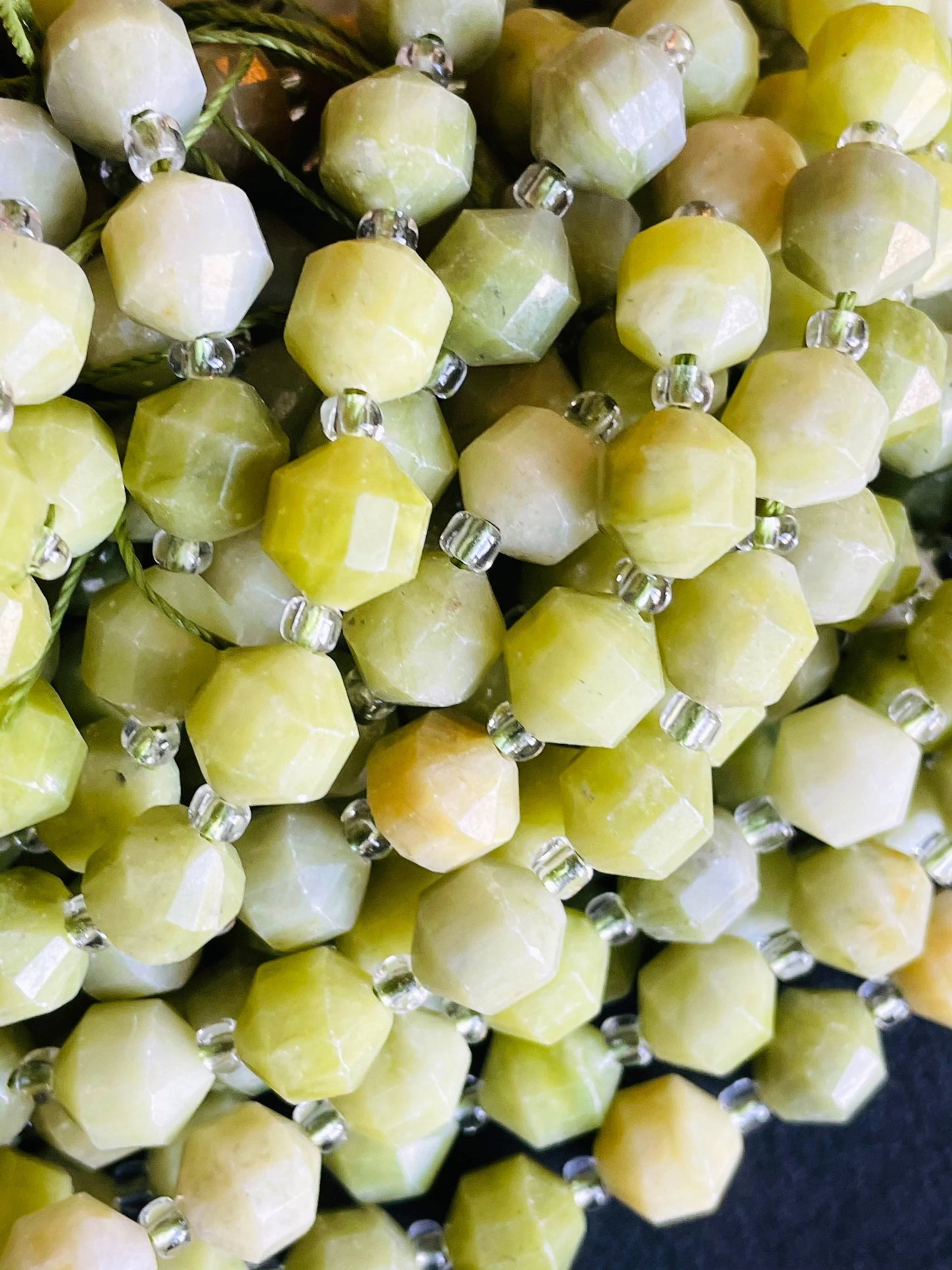 Natural Green Jade Stone Bead . Faceted 8mm 10mm Diamond Cut Shape Bead. Gorgeous Natural Olive Green Jade Gemstone Bead. Full Strand 15.5”