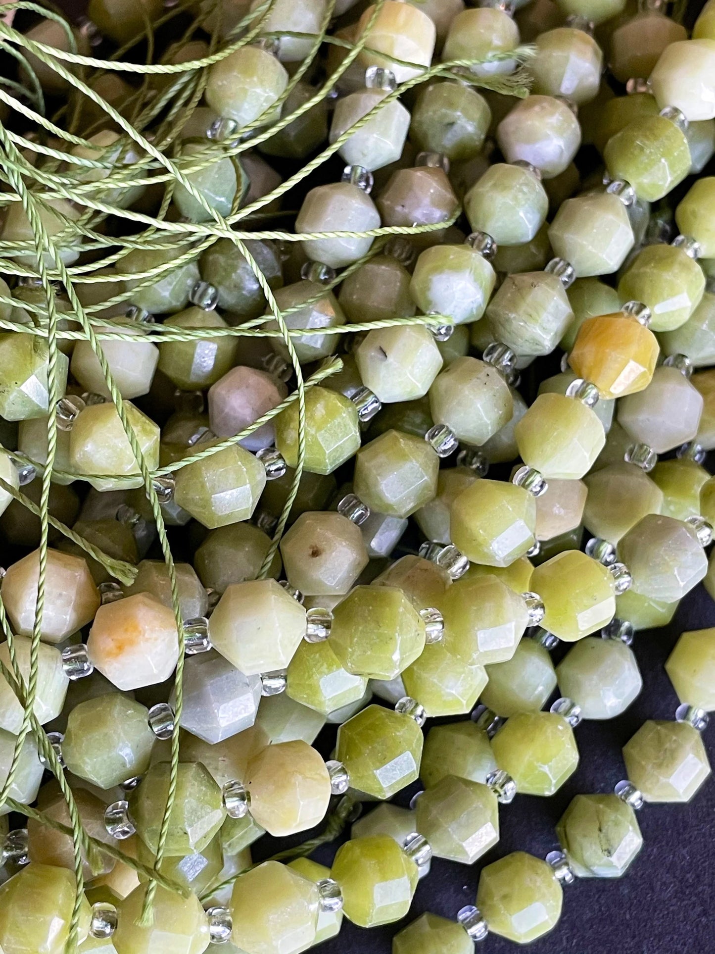 Natural Green Jade Stone Bead . Faceted 8mm 10mm Diamond Cut Shape Bead. Gorgeous Natural Olive Green Jade Gemstone Bead. Full Strand 15.5”