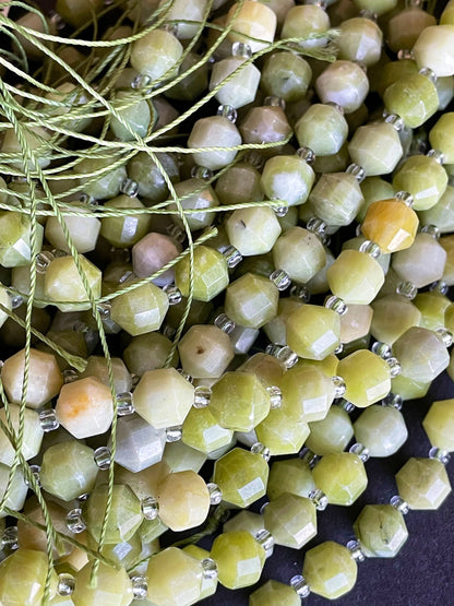 Natural Green Jade Stone Bead . Faceted 8mm 10mm Diamond Cut Shape Bead. Gorgeous Natural Olive Green Jade Gemstone Bead. Full Strand 15.5”