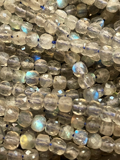 AAA Natural blue flash labradorite stone bead. Faceted 4mm square shape bead. Gorgeous natural blue flash labradorite gemstone bead.15.5”