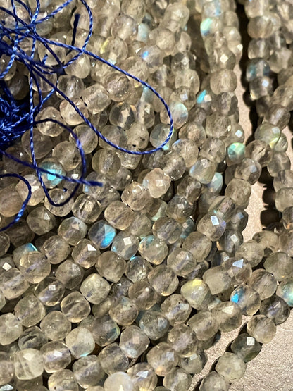 AAA Natural blue flash labradorite stone bead. Faceted 4mm square shape bead. Gorgeous natural blue flash labradorite gemstone bead.15.5”